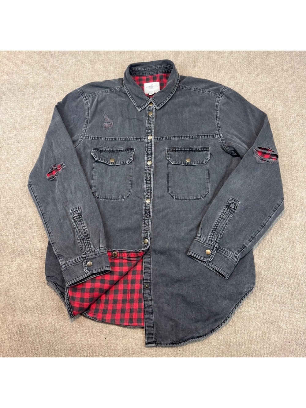 Mens American Eagle Distressed Button Up Shirt Small Gray Faded Y2K Grunge